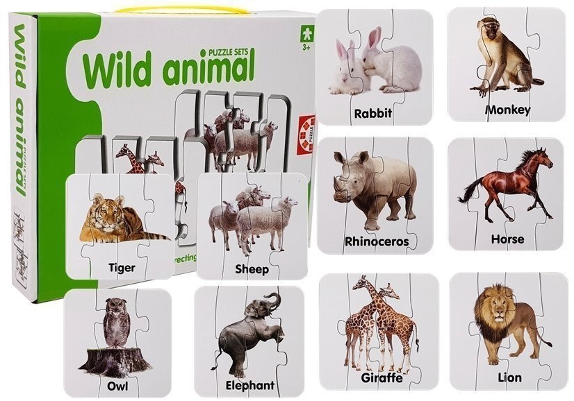 Puzzle Edukacyjne Układanka Dzikie Zwierzęta 10 Połączeń Angielski, 30 el., gra edukacyjna,Lean Toys