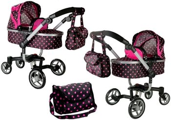 LEANToys, wózek dla lalek Alice, czarny w różowe groszki - Lean Toys