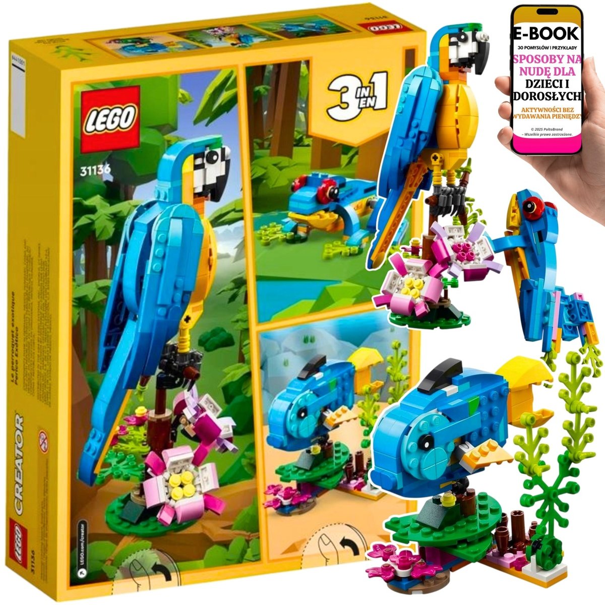 LEGO® 31136 – Egzotyczna Papuga 3w1 – Papuga, Ryba, Żaba - KREATYWNY PREZENT DLA DZIECKA | Zestaw LEGO® na URODZINY lub ŚWIĘTA + EBOOK-3