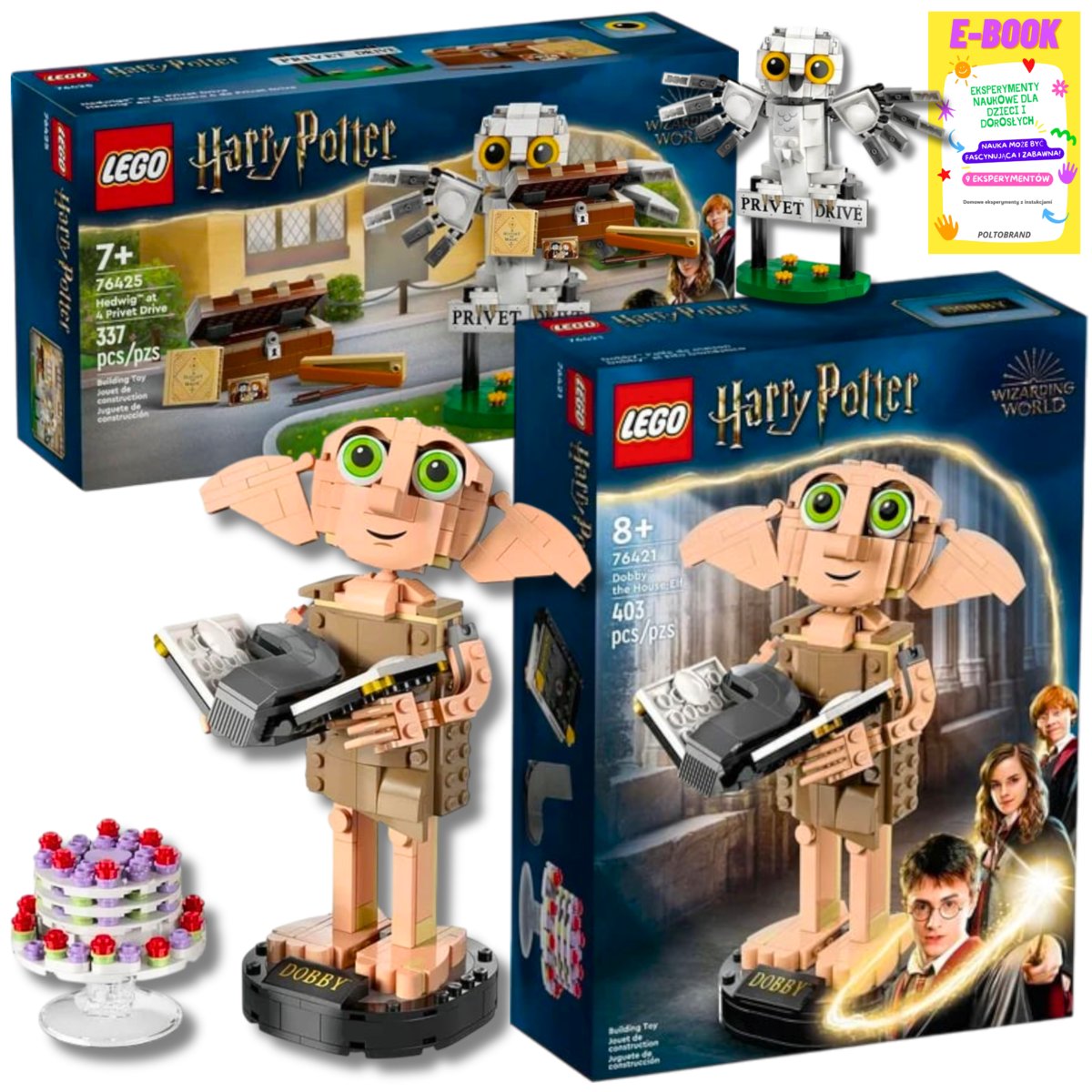 LEGO HARRY POTTER ZESTAW - HEDWIGA (76425) + ZGREDEK SKRZAT DOMOWY (76421) + EBOOK