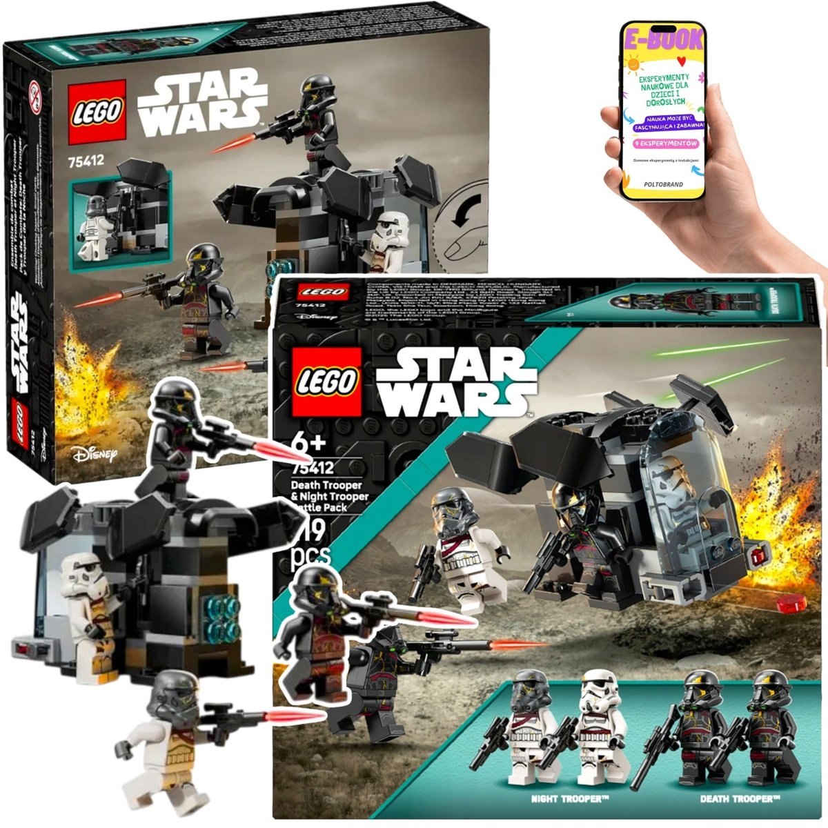LEGO Star Wars Dla Dzieci (75412) – Zestaw Bitewny Szturmowiec Śmierci + Nocny Szturmowiec | 4 Minifigurki + Transportowiec z Klocków + EBOOK