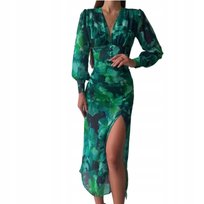 Letnia Midi Sukienka Print Sexy Zielona Vintage Długie Rękawy Dekolt Szpic Inna marka
