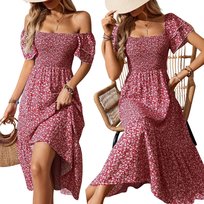 LETNIA SUKIENKA DAMSKA W KWIATY MIDI ZWIEWNA LUŹNA CZERWONA DŁUGA NA LATO