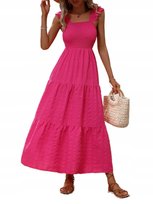 Letnia Sukienka Luźna Codzienna Maxi Różowa Marszczenia Kobieca Na Plażę