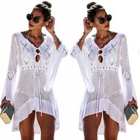 Letnia Sukienka Plażowa Luźna Tunika Damska Asymetryczna Koronka Boho Pareo