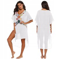 Letnia Sukienka Plażowa Pareo Zwiewna Lekka Tunika Asymetryczna Boho Haft Kolor Biały