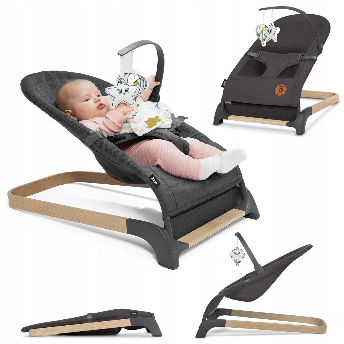 Lionelo Lionelo Leżaczek Bujaczek Składany Dla Niemowląt Z Zabawkami I Pasami June