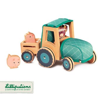 LILLIPUTIENS, drewniany traktor z przyczepą i 2 świnkami, Krówka Rosalie - Lilliputiens