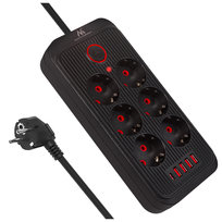 Listwa zasilająca Maclean, przedłużacz 6 gniazd + 4xUSB, 110-240V AC 50/60Hz, 2.1A max 2500W, 1,5 m, czarna,MCE389 B Maclean