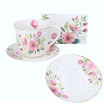 LIVELLO FILIŻANKA PORCELANOWA 400ML SPODEK 15,5CM KWIAT WIŚNI ZŁOTY PASEK livello
