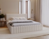 Łóżko dwuosobowe 180x200 cm Billo - tkanina boucle, elegancki design, łóżko tapicerowane z pojemnikiem - Kremowy (Anthology 1)