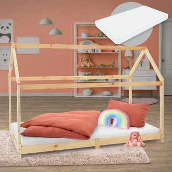 Łóżko dziecięce z daszkiem i ramą z listew z materacem 90x200 cm naturalne drewno sosnowe ML-Design - ML-DESIGN