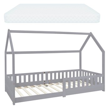 Łóżko dziecięce z listwową ramą zabezpieczającą przed upadkiem i dachem z materacem 90x200 cm jasnoszare z drewna sosnowego ML-Design - ML-DESIGN