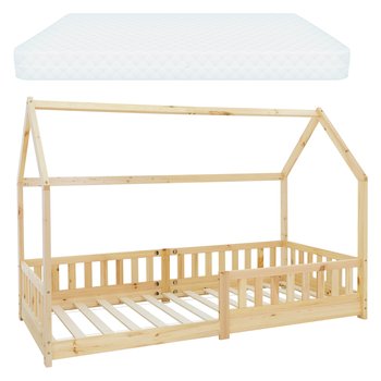 Łóżko dziecięce z ramą z listew chroniących przed upadkiem i dachem z materacem 90x200 cm naturalne drewno sosnowe ML-Design - ML-DESIGN