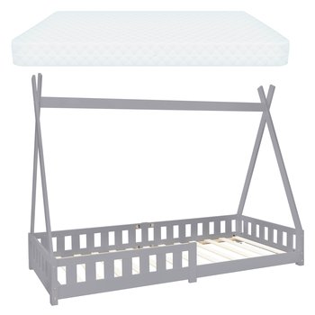 Łóżko dziecięce z zabezpieczeniem przed upadkiem i ramą z listew wraz z materacem 90x200 cm jasnoszare z drewna sosnowego ML design - ML-DESIGN