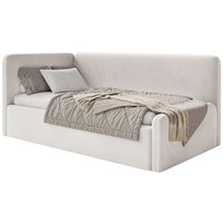 Łóżko młodzieżowe 90x200 cm Fanklo lewostronne z pojemnikiem jasnobeżowe welur hydrofobowy łatwoczyszczący