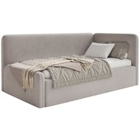 Łóżko młodzieżowe 90x200 cm Fanklo prawostronne z pojemnikiem szarobeżowe welur hydrofobowy łatwoczyszczący