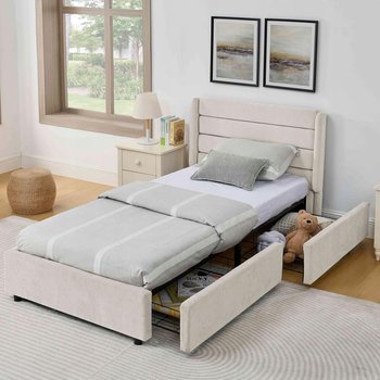 Łóżko pojedyncze 90x200cm Łóżko tapicerowane Pokój dziecięcy 2 szuflady Beż - Arhatreya