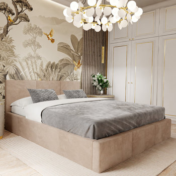 ŁÓŻKO TAPICEROWANE DO SYPIALNI 120cm x 200cm ŁÓŻKO PODWÓJNE Z POJEMNIKIEM BEŻOWE - Muralo