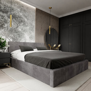 ŁÓŻKO TAPICEROWANE DO SYPIALNI 140cm x 200cm ŁÓŻKO PODWÓJNE Z POJEMNIKIEM GRAFITOWE - Muralo