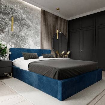 ŁÓŻKO TAPICEROWANE DO SYPIALNI 140cm x 200cm ŁÓŻKO PODWÓJNE Z POJEMNIKIEM GRANATOWE - Muralo