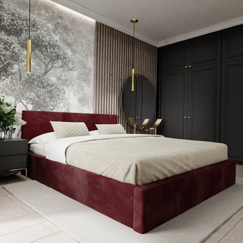 ŁÓŻKO TAPICEROWANE DO SYPIALNI 160cm x 200cm ŁÓŻKO PODWÓJNE Z POJEMNIKIEM BORDOWY - Muralo