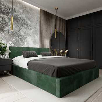 ŁÓŻKO TAPICEROWANE DO SYPIALNI 160cm x 200cm ŁÓŻKO PODWÓJNE Z POJEMNIKIEM BUTELKOWA ZIELEŃ - Muralo