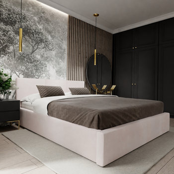 ŁÓŻKO TAPICEROWANE DO SYPIALNI 160cm x 200cm ŁÓŻKO PODWÓJNE Z POJEMNIKIEM KREMOWE - Muralo