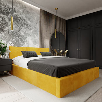 ŁÓŻKO TAPICEROWANE DO SYPIALNI 160cm x 200cm ŁÓŻKO PODWÓJNE Z POJEMNIKIEM ŻÓŁTE - Muralo