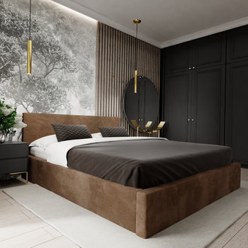 ŁÓŻKO TAPICEROWANE DO SYPIALNI 180cm x 200cm ŁÓŻKO PODWÓJNE Z POJEMNIKIEM BRĄZOWE - Muralo