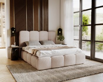 Łóżko tapicerowane z pojemnikiem 200x200 Merkad Boucle - tkanina barankowa, łóżko dwuosobowe - Beżowy (Anthology 3) - Emporius