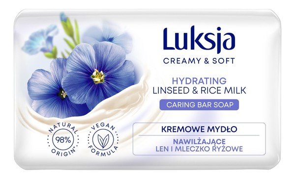 Luksja Creamy & Soft, Nawilżające kremowe mydło w kostce Len & Mleczko Ryżowe 90g