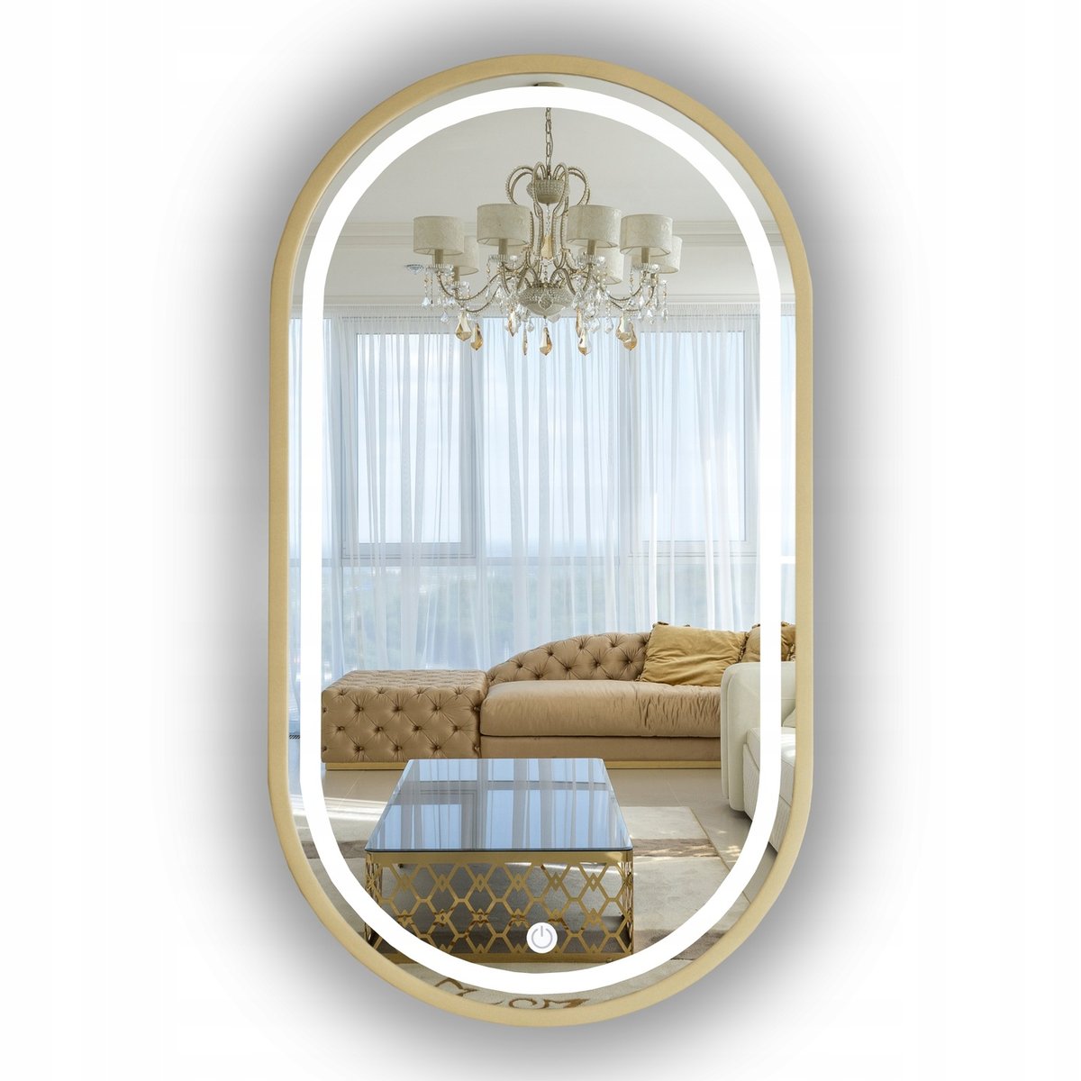 Lustro Led W Złotej Ramie Łazienkowe Owalne 115X50 Cm + Włącznik