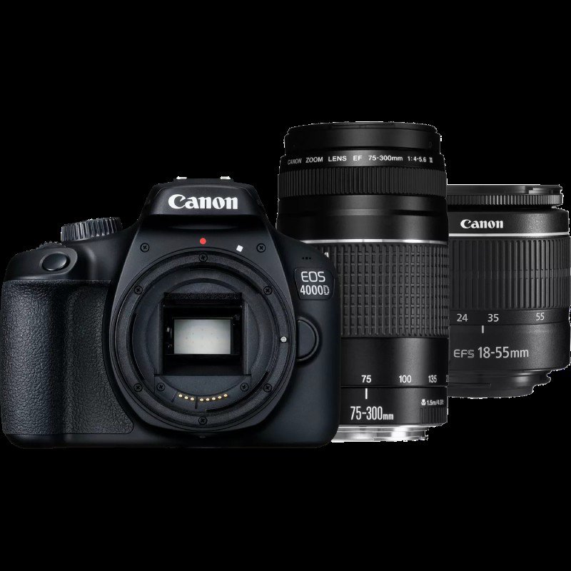 Inny producent Lustrzanka Canon EOS 4000D + Canon EF-S 18 - 55 mm f/3.5-5.6 III + Canon EF 75 - 300 mm f/4.0-5.6 III Czarna - Black
