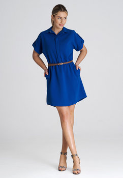 Luźna sukienka z krótkimi rękawami | z paskiem w zestawie | Niebieska L - FIGL