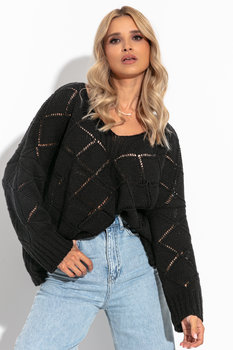Luźny ażurowy sweter z dekoltem w serek, czarny / Fobya - Inna marka