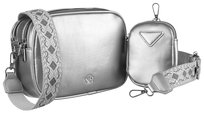 Mała torebka damska z portmonetką torebka miejska na ramię crossbody z szerokim paskiem skóra ekologiczna Rovicky, srebrny