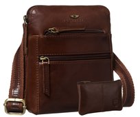 Mała torebka męska skórzana PETERSON elegancka minimalistyczna listonoszka na suwak saszetka na ramię kieszonki na dokumenty telefon brązowa modna + etui na klucze + etui na klucze Peterson