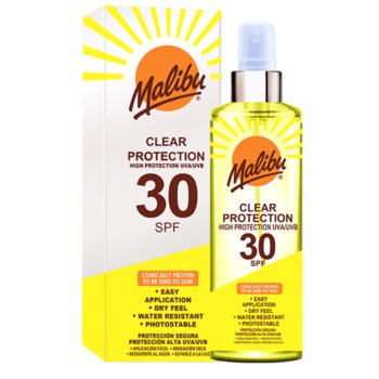 Malibu, Clear Protection, Bezbarwny Spray Ochronny, SPF30, 250ml - Malibu