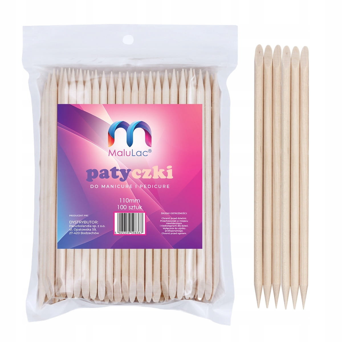 Malulac Patyczki Do Manicure I Pedicure 110mm Drewniane Komplet, 100 Sz