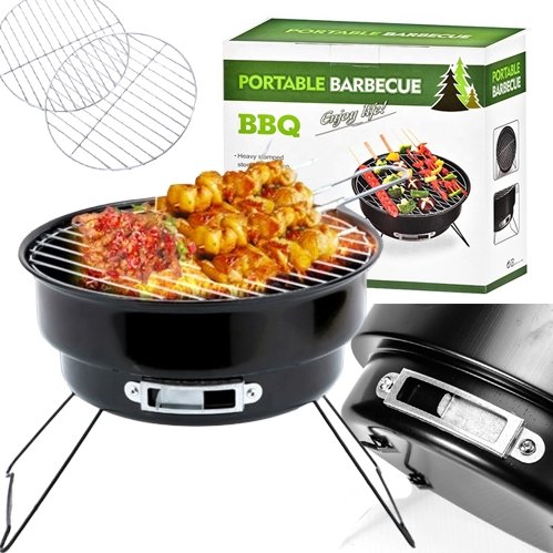 MAŁY GRILL PRZENOŚNY WĘGLOWY TURYSTYCZNY OKRĄGŁY Z UCHWYTEM SKŁADANY ...