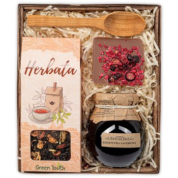 Mały kosz prezentowy z herbatą 60g;konfiturą naturalną i czekoladą;drewniana łyżeczka do konfitury