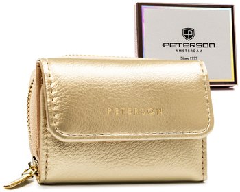 Mały portfel damski metaliczny z ochroną RFID skóra ekologiczna portmonetka na suwak Peterson, złoty - Peterson