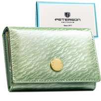 Mały portfel damski skórzany zielony PETERSON poziomy klasyczny na zatrzask rfid stop modny Peterson