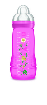 MAM, Baby Bottle Pattern, Butelka PC, 330 ml/Smoczek na butelkę, 4m+, szybki przepływ, Różowy - MAM