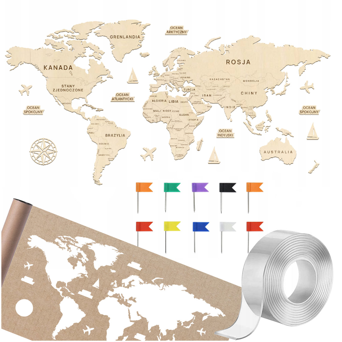 MAPA ŚWIATA drewniana 150 cm Mapa świata z państwami na ścianę Z ...