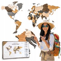 Mapa Świata Drewniana 3D Beżowa Brązowa 130x72cm Miasta Dekoracja na Ścianę