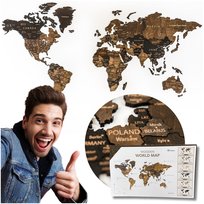 Mapa Świata Drewniana 3D Ciemny brąz 105 x 60 cm Miasta Dekoracja na Ścianę Oh Art!