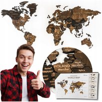 Mapa Świata Drewniana 3D Ciemny brąz XL 130x72cm SZCZEGÓŁOWA Miasta Granice Oh Art!
