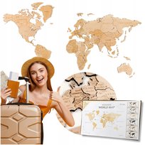 Mapa Świata Drewniana 3D Naturalna 105 x 60 cm Dekoracja na Ścianę z Drewna